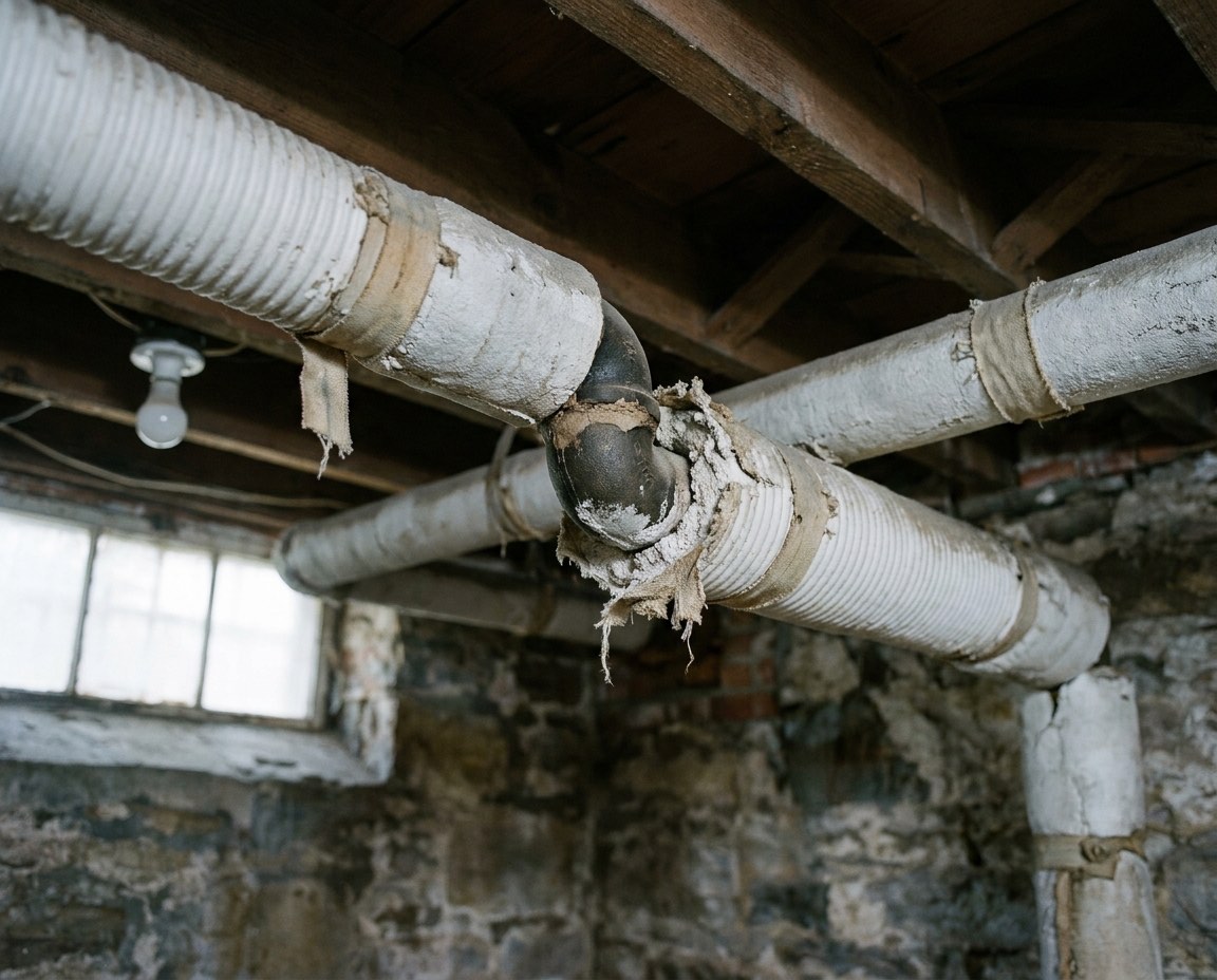 Old white corrugated insulation and canvas bands on steam pipes along the joists of an unfinished stone-walled basement, the wrap torn open at an elbow