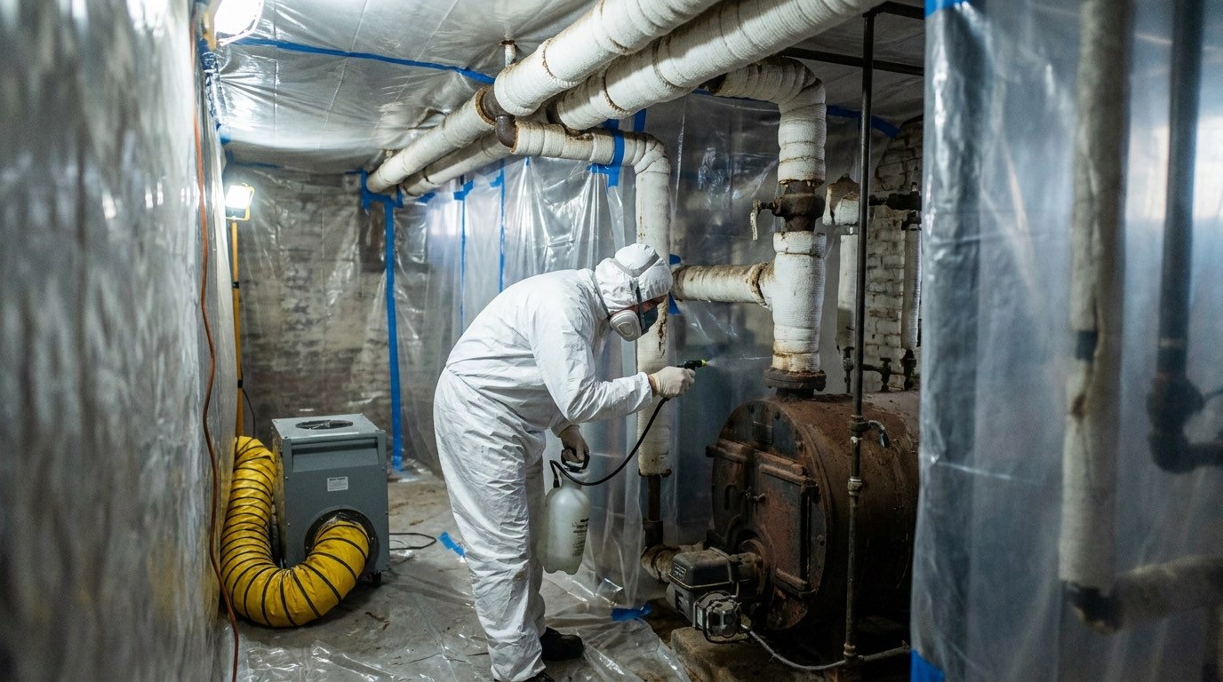 Abatement worker in a white disposable suit and respirator wetting old pipe insulation beside a cast-iron boiler, in a basement sealed with plastic sheeting and a negative-air machine on the floor